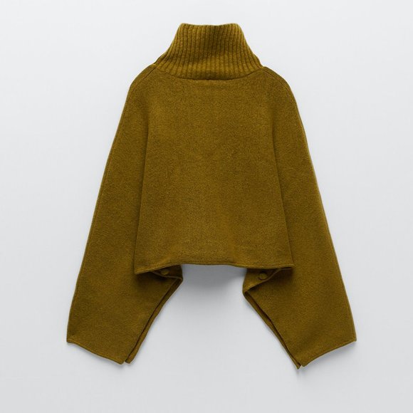 ZARA Brown Knit Turtleneck Crop Sweater with Button Sleeves Size Medium - Picture 3 of 9